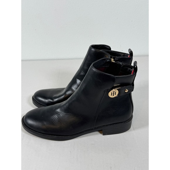 Tommy Hilfiger Womens Black Leather Ankle Boots Gold Logo Zipper Size 8.5M - Picture 1 of 11